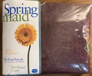 VTG Springmaid King Flat Sheet Amalfi Burgundy Print 180 TC No Iron Percale NEW - Picture 1 of 5