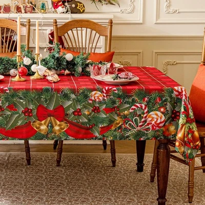 Christmas Rectangle Tablecloth - Red Tartan Checkered Printed Xmas Bell Candy  - Image 1 of 4