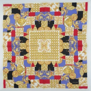 HK05- Celine Paris Multicolor Floral Handkerchief Gold Logo Cotton Scarf 22"x22" - Picture 1 of 15