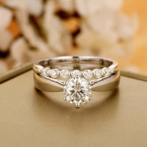2.50Ct Round VVS1 Moissanite Bridal Engagement Ring Set 14K White Gold Plated - Picture 1 of 4