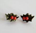 Vintage 50?S Earrings Christmas Green Holly Leaves Red Berry Screw Back