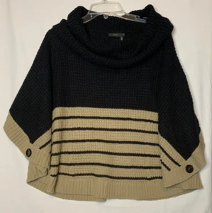 THML Womens Poncho Sweater Size Medium Beige Black Striped Cowl Neck Knit - Picture 1 of 13