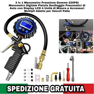3 in 1 Manometro Pressione Gomme 220PSI Manometro Digitale Pistola Gonfiaggio - Foto 1 di 16
