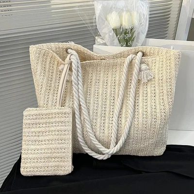 Straw Tote Shoulder Bag for Women Beach Woven Large Purse Casual Summer Travel - Image 1 of 4
