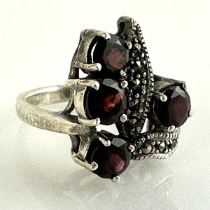 Vintage 925 Sterling Silver Red Garnet & Marcasite Cocktail Ring Size 9 - Picture 1 of 14
