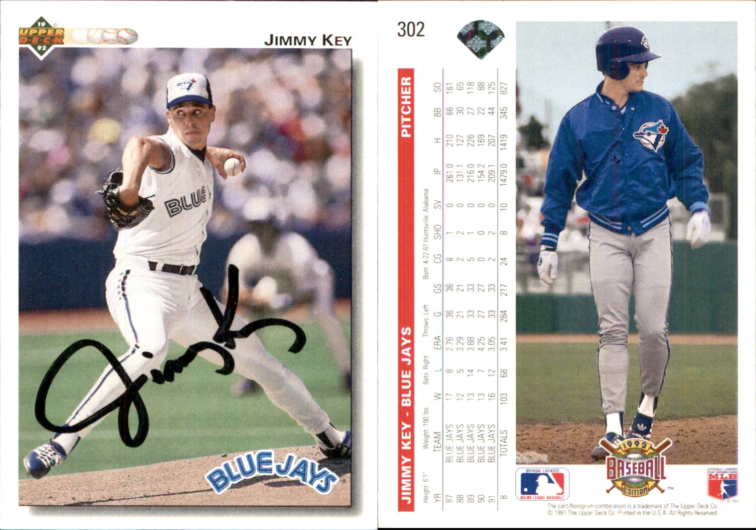 Jimmy Key Signed 1992 Upper Deck #302 Card Toronto Blue Jays Auto AU