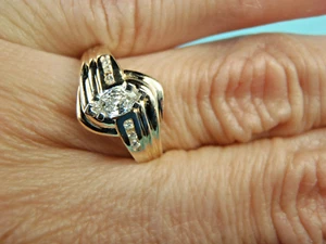 14k Solid Yellow Gold Marquise and Round Diamond Wedding Ring .26Tcw Size 6 1/2 - Picture 1 of 12