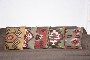 Set of 5 Wool Jute Throw Indian Pillows Cover 18"x18" Room Decor Cushion Covers