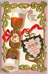 Postcard A Happy New Year Gold Christmas Cracker Anchor Holly Mistletoe Berries - Picture 1 of 2