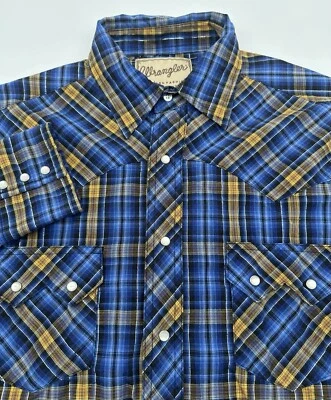 Wrangler Western Mens Large Long Sleeve Button Shirt Blue Plaid Pearl Snap - Image 1 of 4