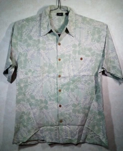WfF Hawaiian Shirt Men L Hreen Floral Silk Short Sleeve Button Up - Picture 1 of 10