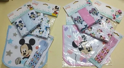Juego de 7 piezas de toallitas tenedor cuchara babero bebé Disney Mickey o Minnie Mouse #MAR24 Foto 1 de 3
