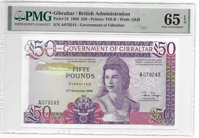 1986 Gibraltar 50 Pounds Pick #24 PMG 65 EPQ £50 Queen Elizabeth II GEM UNC - Image 1 of 2