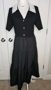 NWT $ 158 NANETTE LEPORE Lace Neckline Tiered Midi Dress Black Size LARGE L - Picture 1 of 17