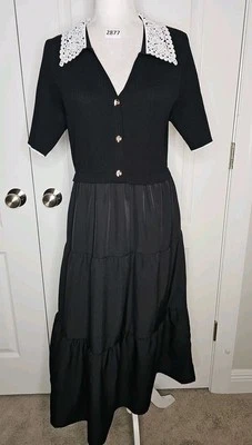 NUEVO CON ETIQUETAS $158 NANETTE LEPORE Vestido Midi Encaje Escote en Niveles Negro Talla GRANDE L Foto 1 de 4
