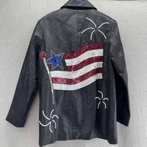 Vtg Quacker Factory USA Flag Sequined 100% Leather Jacket Women Sz S Patriotic - Picture 1 of 6