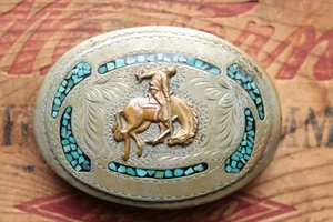 Vintage Hand Made Cowboy Sattel Bronc Türkis Intarsien Western Gürtelschnalle - Bild 1 von 3