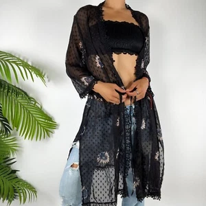 Vintage Black Floral Fairy Grunge Whimsygoth Sheer Lace Long Tie Cardigan / M - Picture 1 of 6