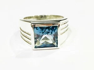Natural Blue Topaz Gemstone with 14K White Gold Plated Silver Ring for Men AJ458 - Picture 1 of 12