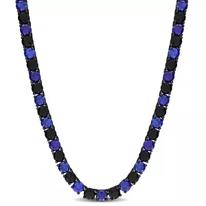 Amour Black Rhodium Silver Created Blue & Black Sapphire Men's Necklace 20 in - Picture 1 of 7