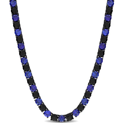 Amour Black Rhodium Silver Created Blue & Black Sapphire Men's Necklace 20 in - Image 1 of 4