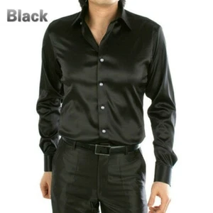 Herren Kunstseide Damast Hemd Langarm Knopf Business Formell Glänzend Tops Raffiniert - Bild 1 von 18