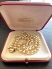 Stunning Vintage Majorica hand knotted Pearl Necklace Gold Sterling + Box 25.5"