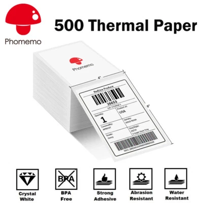 PHOMEMP Phomemo 4x6 Thermal Shipping Labels Pack of 500 for Printer Fan-fold Paper