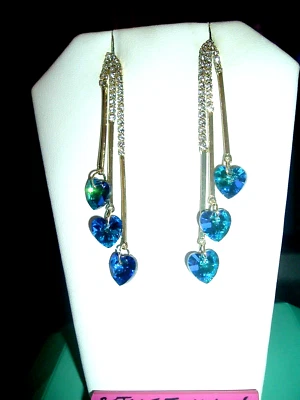 Long BLUE CRYSTAL HEARTS UNEVEN Chains TASSELS Betsey Johnson Pierced EARRINGS - Image 1 of 4