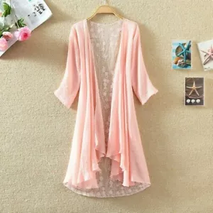 Women Linen Cotton Duster Coat Mesh Net Floral Pleated Hem Summer Loose Cardigan - Picture 1 of 15