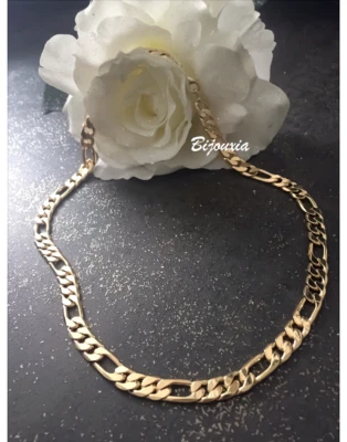 BIJOUXIA Chaîne Maille Figaro Diamantée 1-3 Plaqué Or 18 Carats 8MM x 60CM Bijou Homme