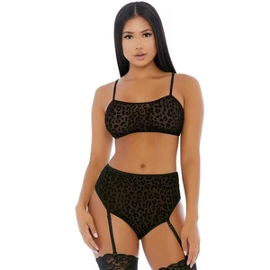 Animal Print Mesh Cami Bra Top Set Garter Panty Sheer Black 779514 Large - Picture 1 of 4