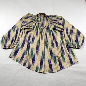 TUCKER Women Beige Bell Sleeve Silk Button Flowy Coquette Blouse Shirt S/M Stain - Picture 1 of 13