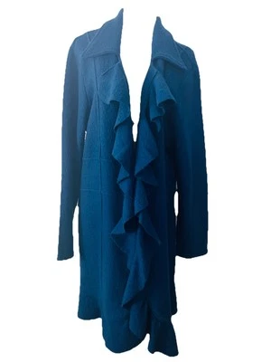 Jaqueta suéter Sharon Young feminina XL lã babados azul-petróleo comprimento médio - Imagem 1 de 4