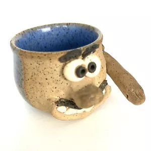 Studio Pottery Face Toothpick Holder Cup Gail Carroll Lanett Alabama Blue Glaze - Picture 1 of 7