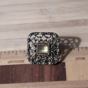 Vintage Square Metal Yellow Jeweled Adjustable Cocktail Ring - Picture 1 of 2