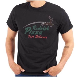 Funny Christmas Rudolph Pizza Fast Delivery Womens or Mens Crewneck T Shirt Tee - Picture 1 of 7