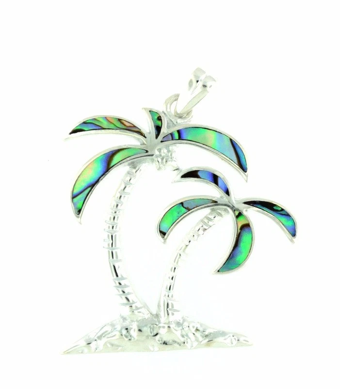 Solid 925 Sterling Silver Natural Abalone Puau Shell Women's Palm Tree Pendant - Image 1 of 1