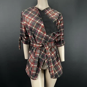 Boohoo Red Tartan Waterfall Jacket Size Medium Tie Waist Turn Up Sleeve Autumn - Picture 1 of 12
