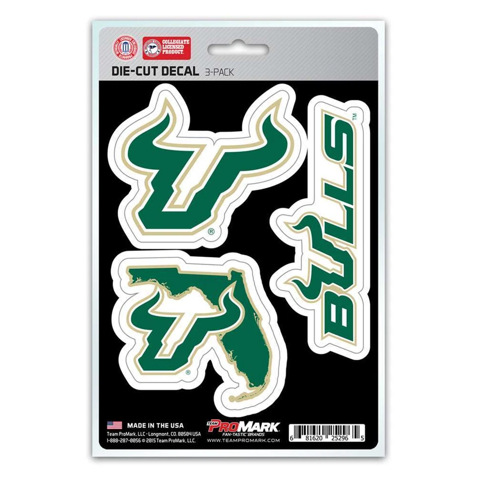 South Florida Bulls Set of 3 Die Cut Decal Stickers State Outline