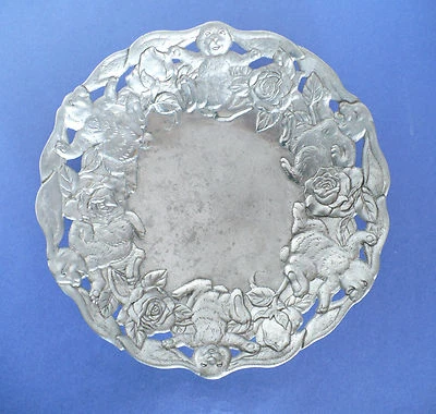 "Arthur Court Bunny Rabbit & Roses tema grande 12"" redondo cuenco de metal 1995" Foto 1 de 4