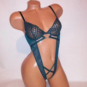 Victoria Secret Lingerie Teddy One Piece Bodysuit Green Gold Metallic Embroider - Picture 1 of 10