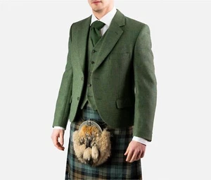 Scottish Men's Lovat Green Wool Argyle Kilt Jacket With Waistcoat Wedding Jacket - Picture 1 of 6