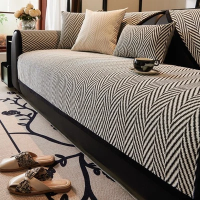 Black and White Stripe Couch Cover Farmhouse Chenille Sofa Covers Soft Cozy N... - Image 1 of 4