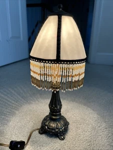 Vintage Glas Fransen Gold Kerzenständer Tischlampe Buntglas 14" Perlen Messing? - Bild 1 von 9