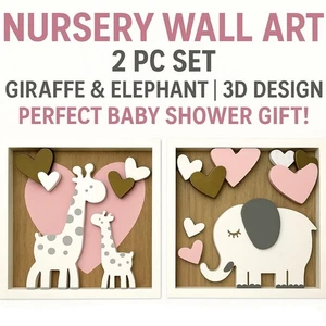 Giraffe & Elefant Kinderzimmer Wandbild - 2-teiliges Babyzimmer Dekor Set - 3D Holz Design - Bild 1 von 4