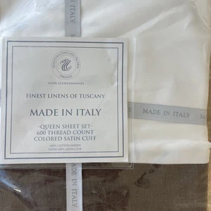 Tessitura Toscana Telerie~Queen Sheet Set~600 TC~White w/brown satin Cuff/Border - Picture 1 of 7