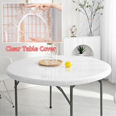 Round Waterproof Solid Cover Elastic Fitted Tablecloth TPU Oil-Proof Protector - Image 1 of 4