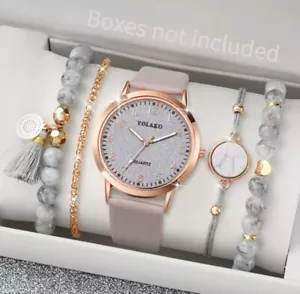 B-Ware Damen Armbanduhr Set mit 4 Armkettchen, NEU, Grau Gold Farben gehalten - Bild 1 von 6