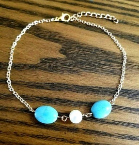 Pearl & Turquoise Anklet Womens 10" Gold Ankle Bracelet Beaded Anklet - Picture 1 of 3